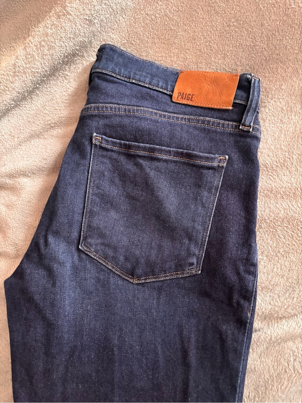 PAIGE Men's Indigo Slim Straight Jeans with Brown Leather Patch